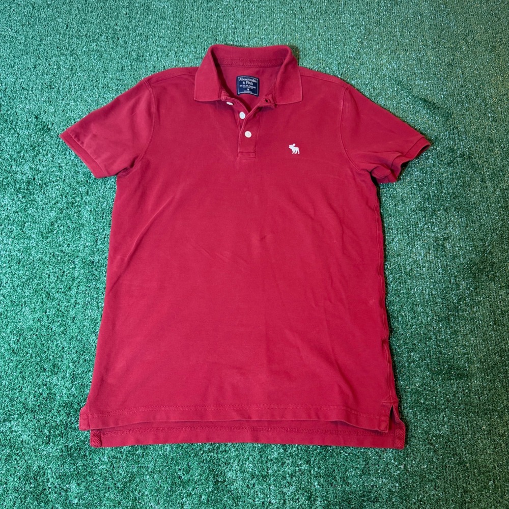 Abercrombie & Fitch Mens Red Pique Polo Shirt White Moose Logo Size M